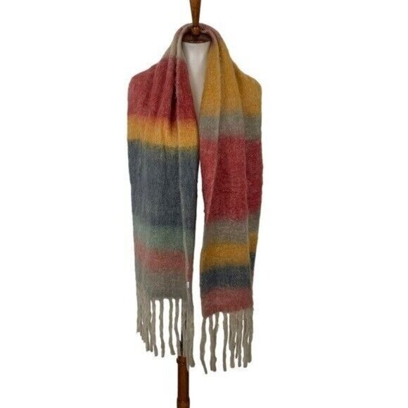 Multicolor Striped Fringed Blanket Scarf Oversized Cozy Soft Winter Wrap - Picture 1 of 2